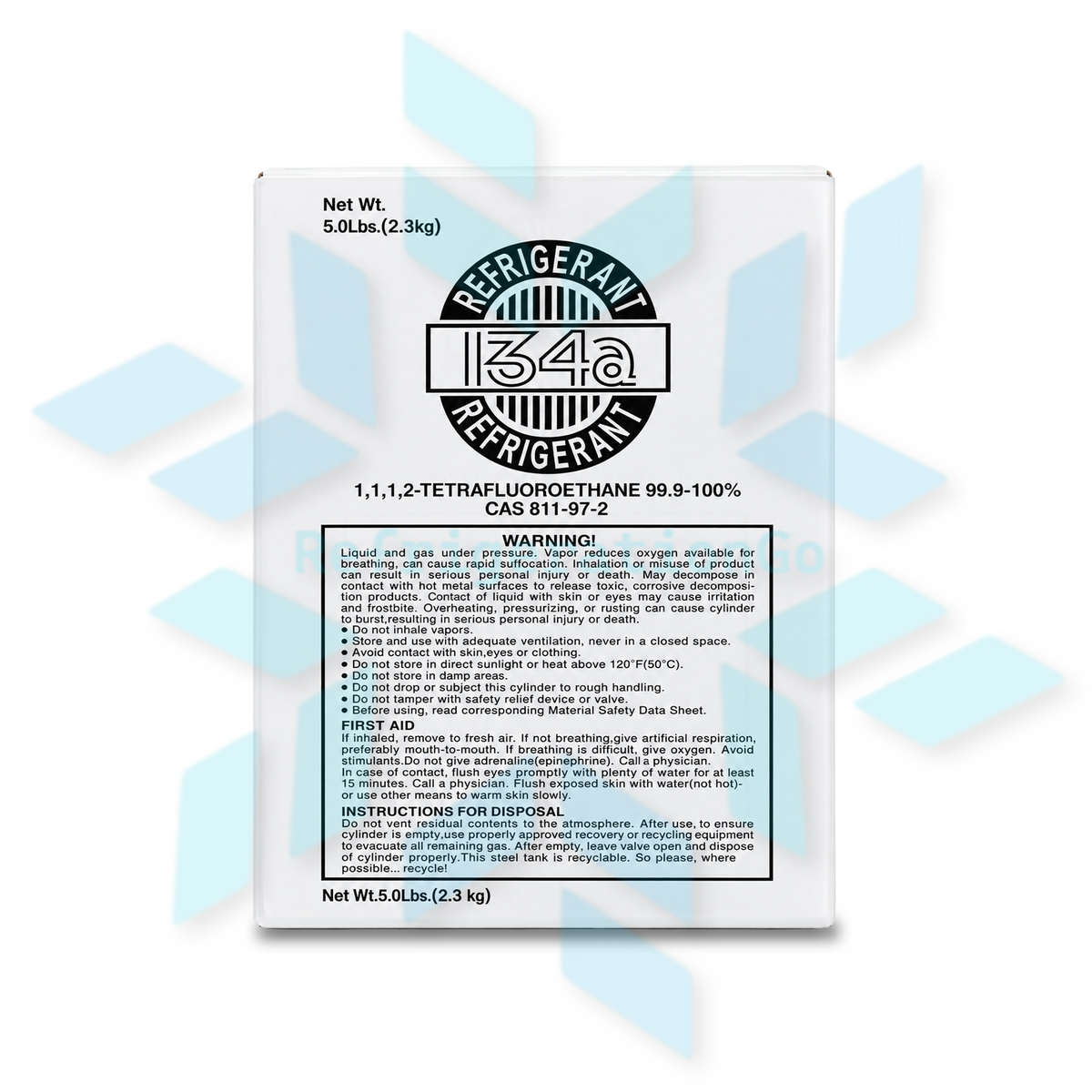 Right side view of R134A 5 lb refrigerant packaging