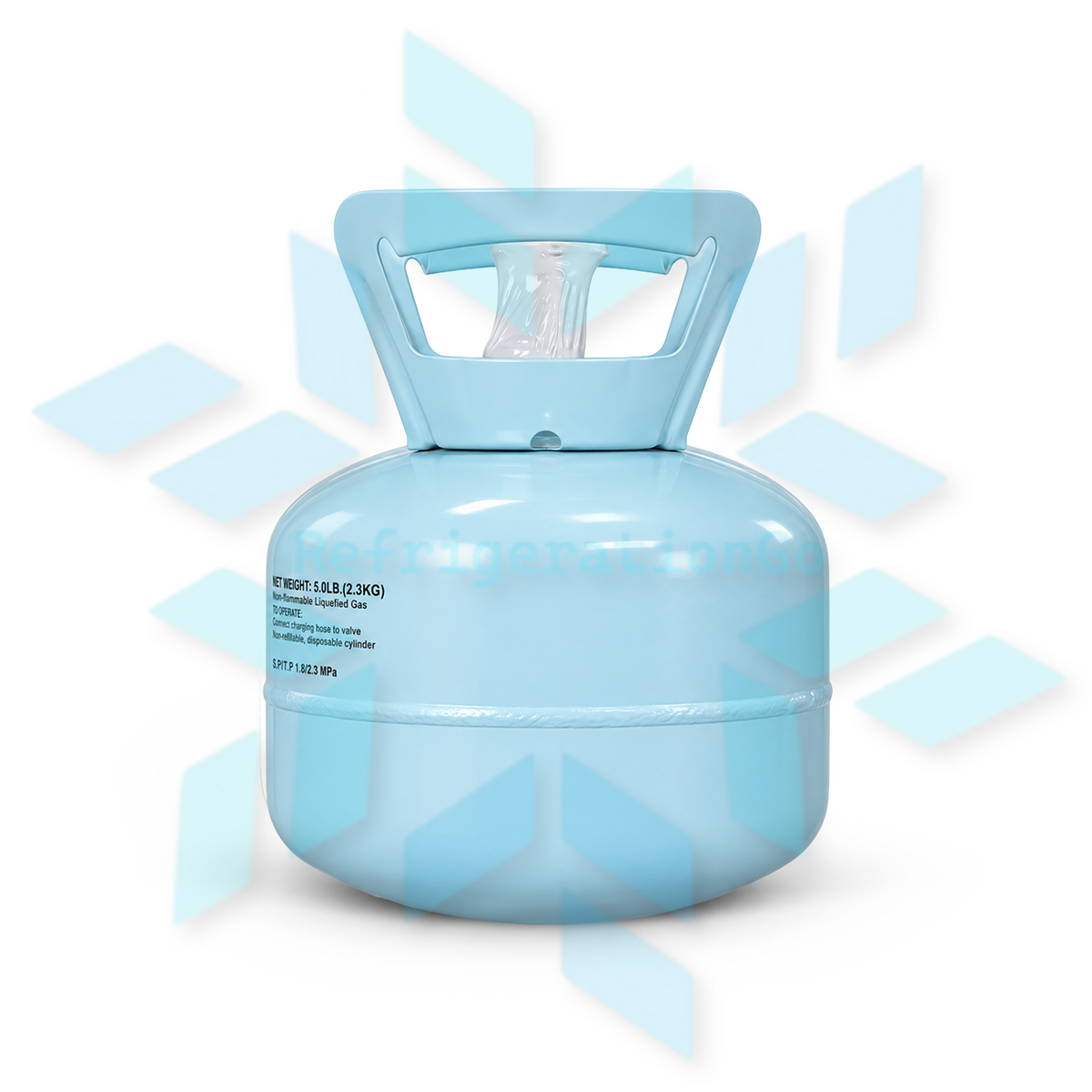 Side view of a R134A 5 lb refrigerant cylinder