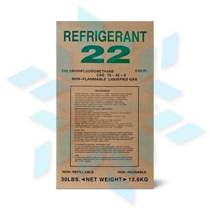 R22 refrigerant bottle packaging with safety label for HVAC refrigeration applications