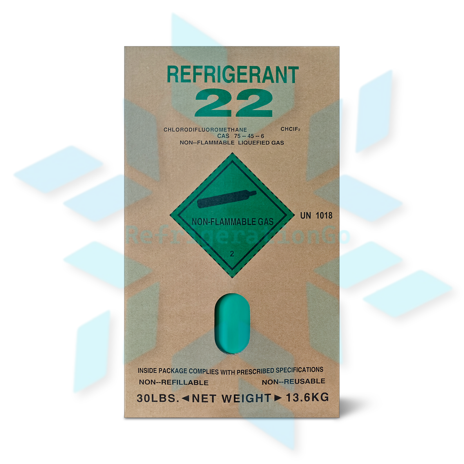 R22 refrigerant cylinder packaging size and product details for HVAC refrigeration systems