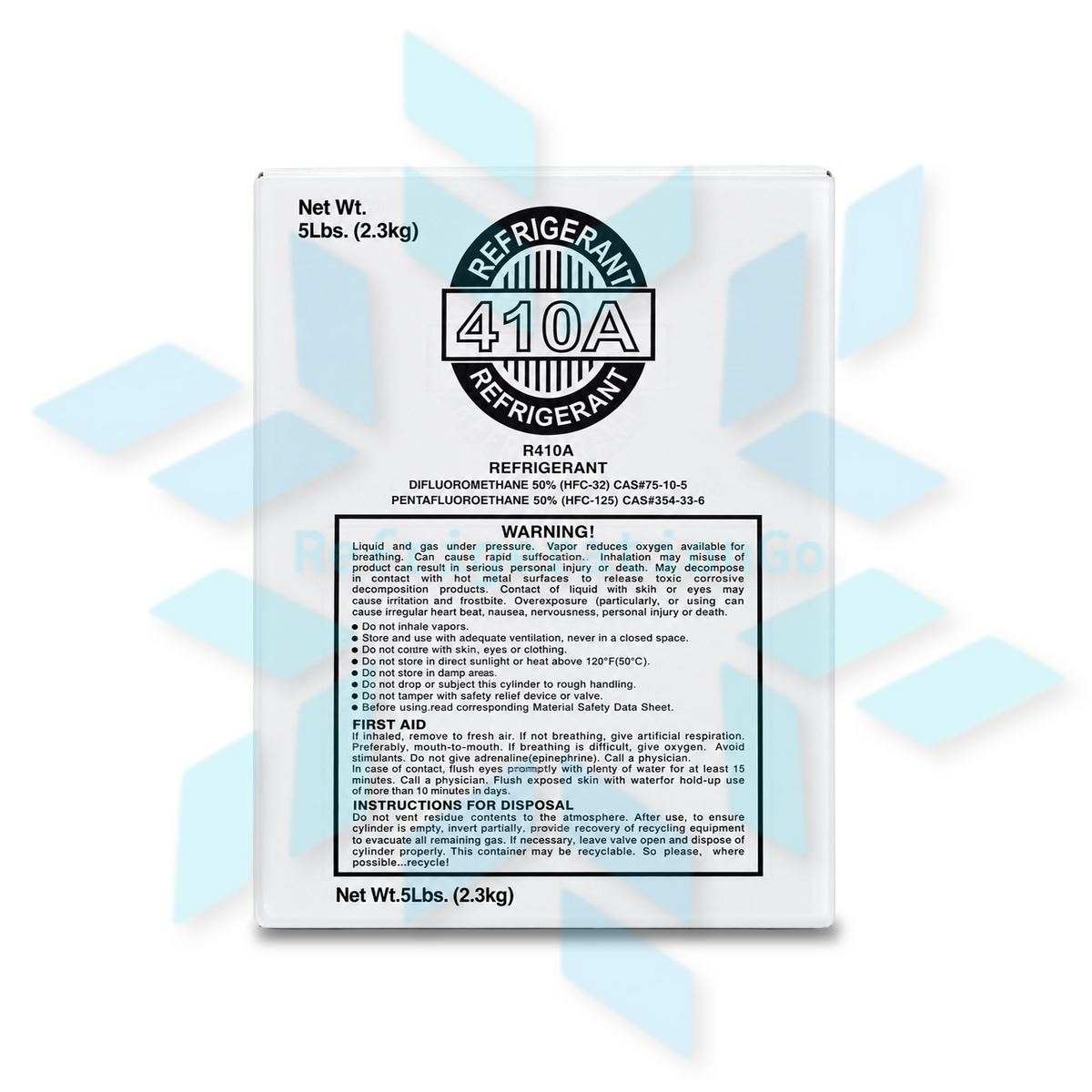 Right side view of R410A 5 lb refrigerant packaging