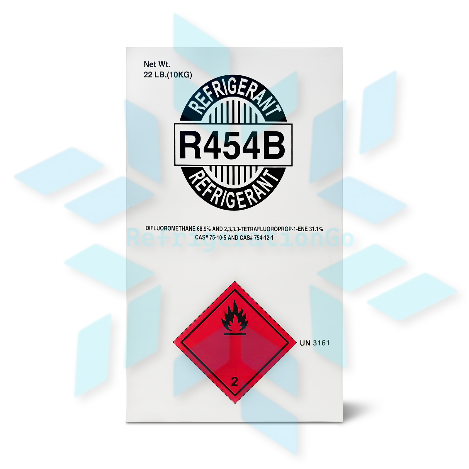 R454B refrigerant cylinder package with safety information for HVAC refrigeration applications