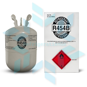 R454B refrigerant cylinder with safety label for HVAC refrigeration equipment